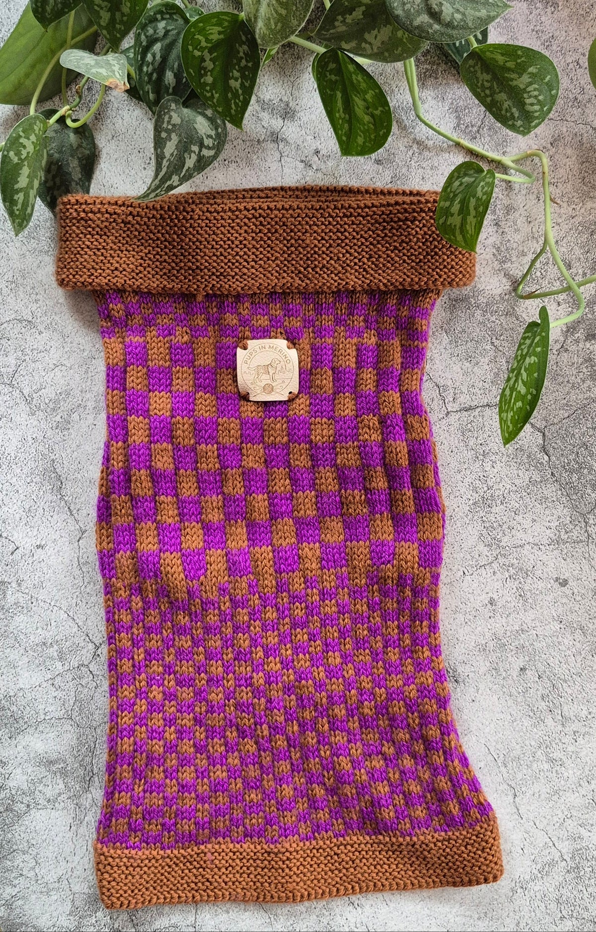 Medium Cocoa and Purple Checkered Cowl Neck