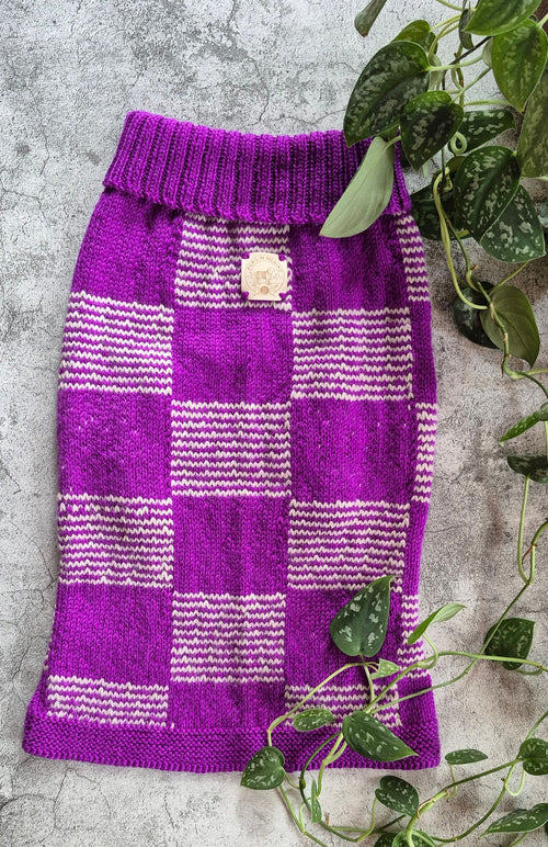 A purple and white checkered knit sweater vest laid flat on a textured gray surface, styled with green trailing houseplant vines.