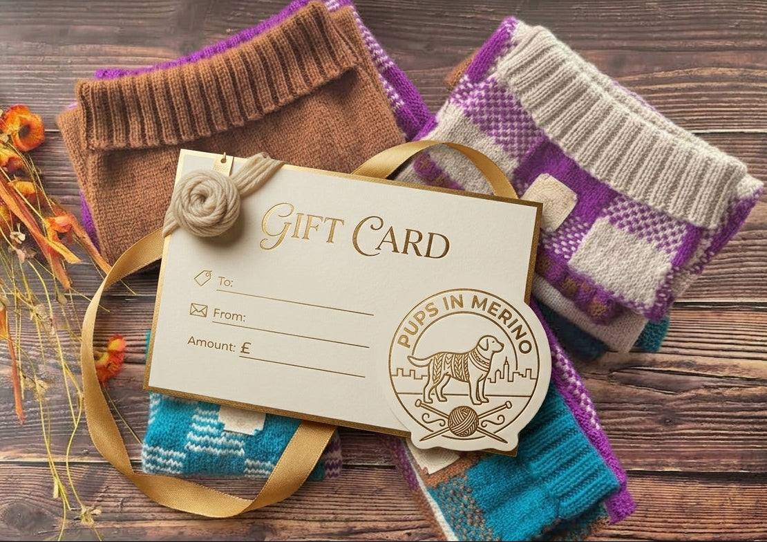 A gift card with a ribbon loop and decorative seal reading 'Gift Card' and 'Pups in Merino' lies on top of folded knit dog sweaters in brown, purple, cream, and teal, arranged on a rustic wooden surface with dried orange flowers.