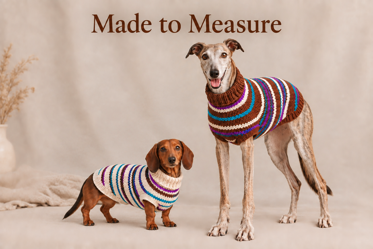 Dachshund in a cream striped merino jumper and greyhound in a cocoa striped merino jumper – Made to Measure
